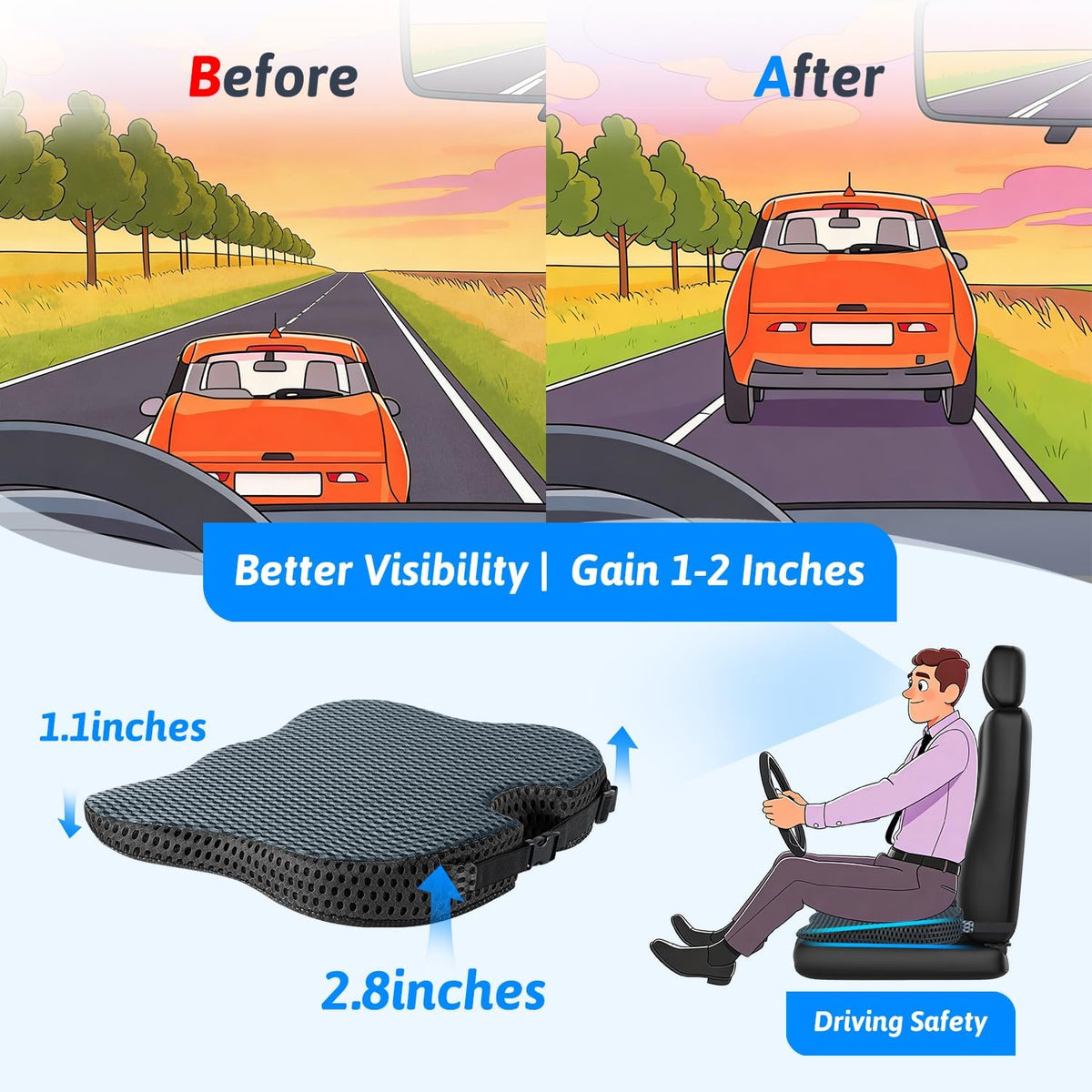 Wedge Car Seat Cushion for Driving for Better Visibility & Sciatica Relief