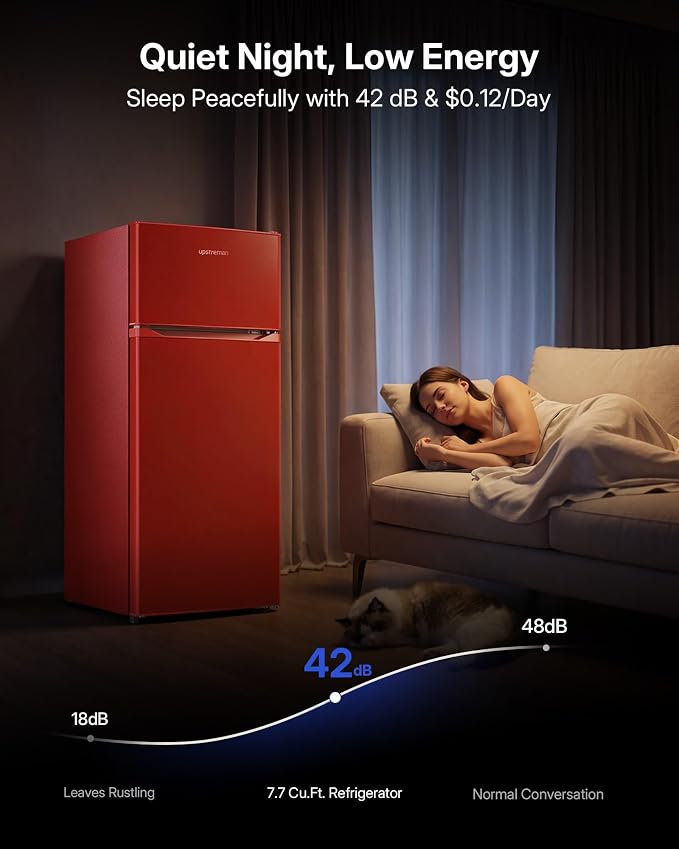 Upstreman 7.7 Cu Ft Refrigerator with Freezer Double Door Fridge | 7 Adjustable Thermostat , Reversible Door, Large Capacity Refrigerator for Apartment, Dorm, Office, Kitchen, Red (BD-75)