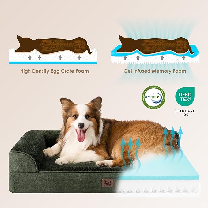 EHEYCIGA XXL Dog Bed Memory Foam, Orthopedic Giant Dog Bed Jumbo with Washable Removable Cover, Waterproof Pet Sofa Couch with Nonskid Bottom, 48x35x7.5, Dark Green