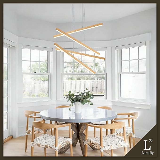 Linear Pendant Light for Dining Room Oak Wood Grain Finish LED 4 Light