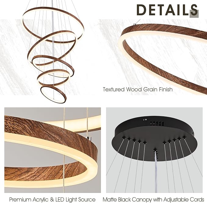 Modern LED Ring Chandelier 5-Light Chandelier Wood Grain Dimmable Round Foyer