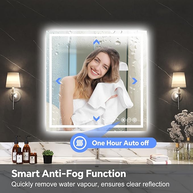LED Bathroom Mirror 36x36 Inch Anti-Fog Bathroom Mirror with Lights, Wall Mounted Lighted Vanity Mirrors, Dimmable, Backlit + Front Lit, Smart Bathroom Vanity Mirror with 3 Colors Temperature