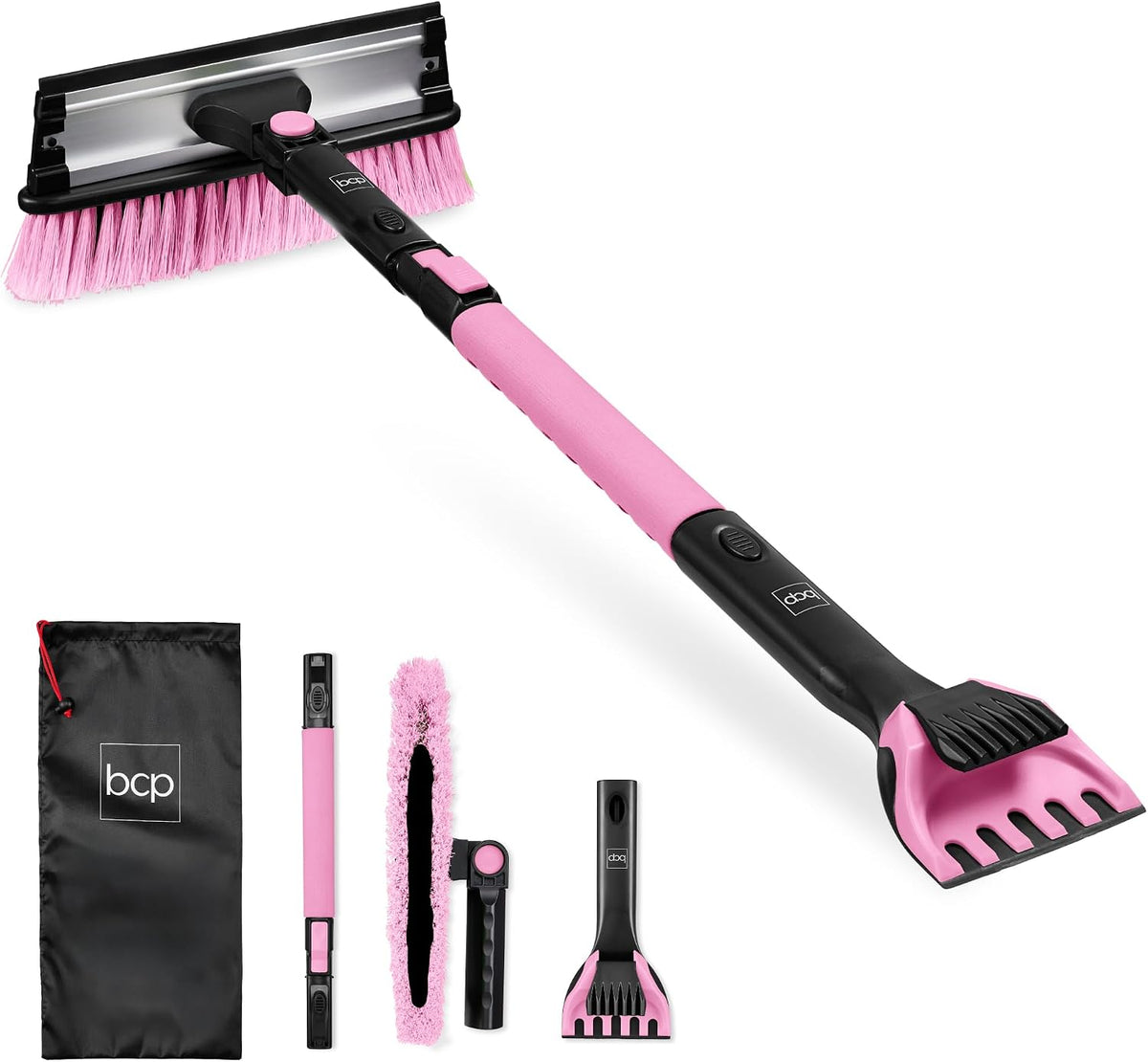 Best Choice Products Snow Brush with Squeegee & Ice Scraper, Up to 39" Extendable Foam Grip, 270° Pivoting Snow Brush for Car Truck SUV, Storage Bag Included - Pink