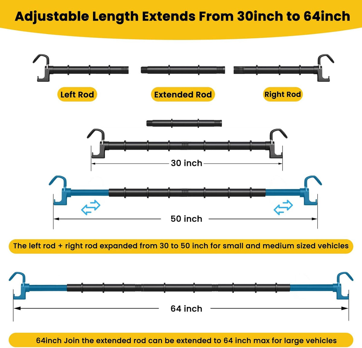 Car Clothes Hanger Bar 30-64 inches, Hold Up to 80lbs, 4Pcs Accessories | Adjustable; Strengthened Hooks, Silent, Non-Slip; Fit Most Vehicles; Perfect for car travel, business trips; Easy assembly