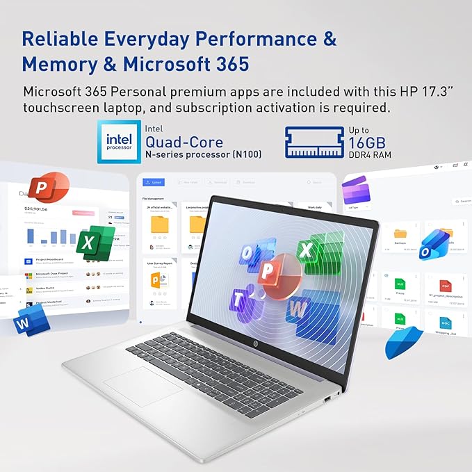 HP 17.3" Touchscreen Laptop w/Microsoft 365, 16GB RAM, 512GB SSD+128GB UFS, Webcam w/Shutter, Fingerprint Reader, Backlit Keyboard, Microsoft Copilot Key, Intel Quad-Core CPU, Win11, Lavender