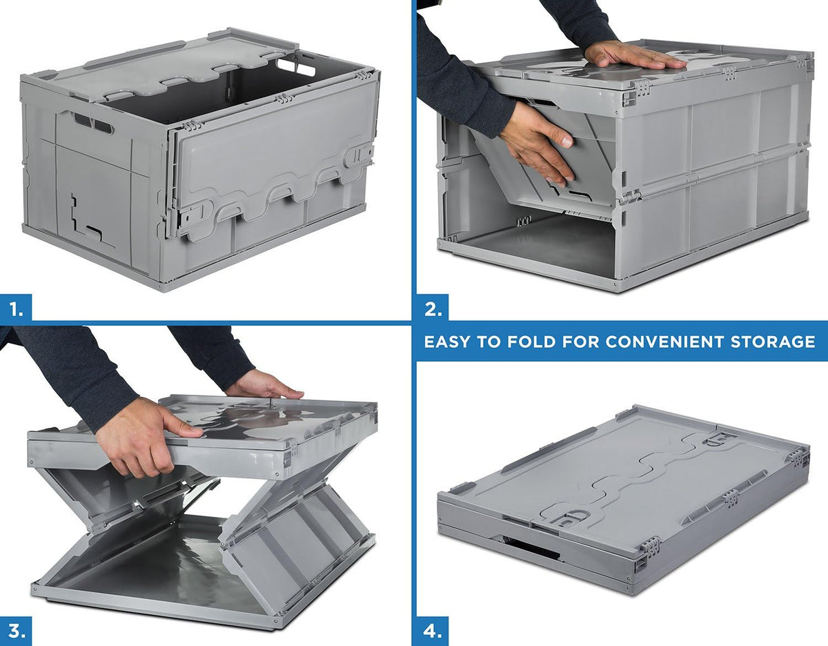 Mount-It! Collapsible Plastic Storage Crate, Folding and Stackable Utility Distribution Container with Attached Lid, 65L Liter Capacity, Pack of 1