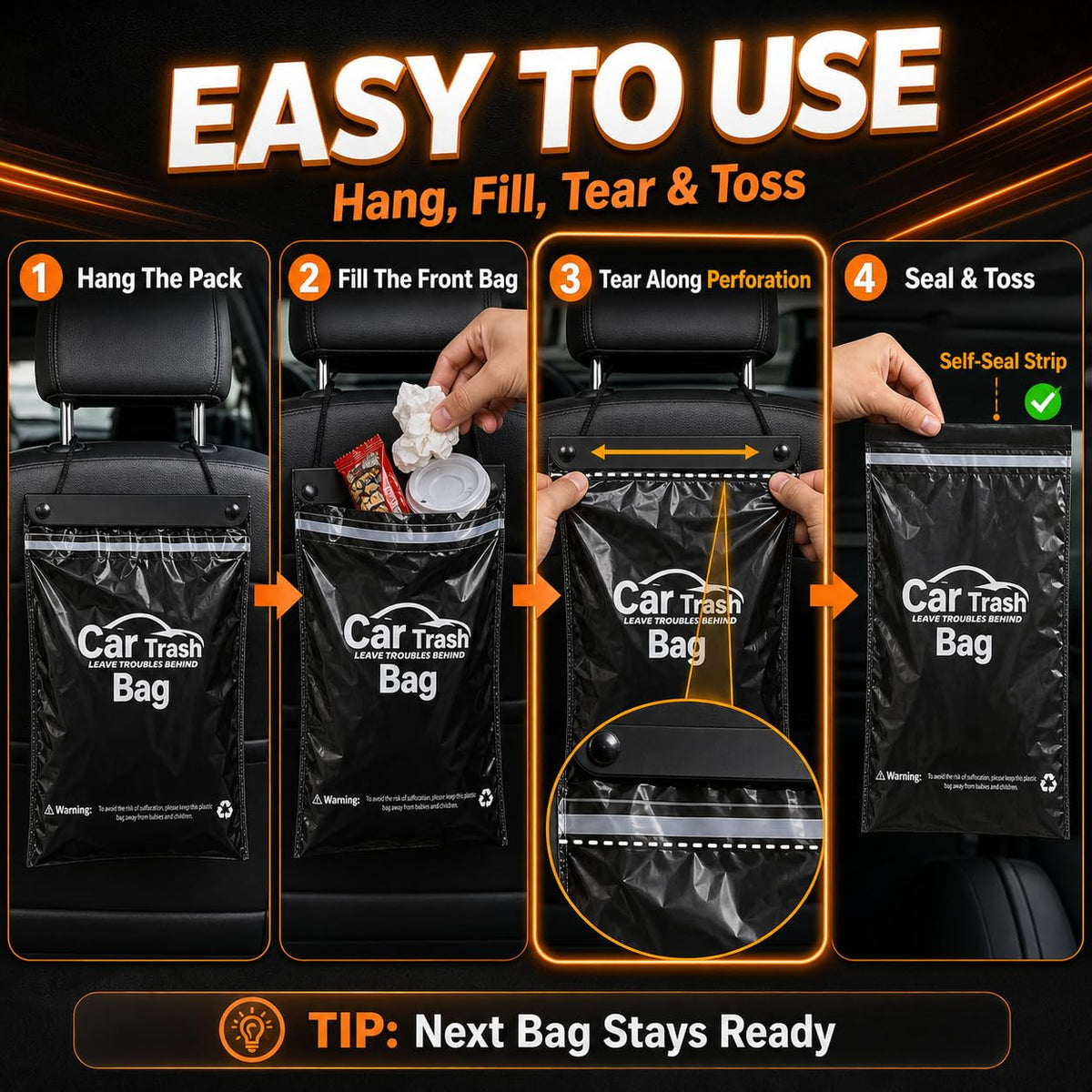 50 Count Recycled Disposable Car Trash Bags Hanging Leakproof Garbage Bags 2 Gallon Heavy Duty Alternative to Bulky Car Trash Can Leakproof Smellproof Stick-On for Car SUV Truck Travel