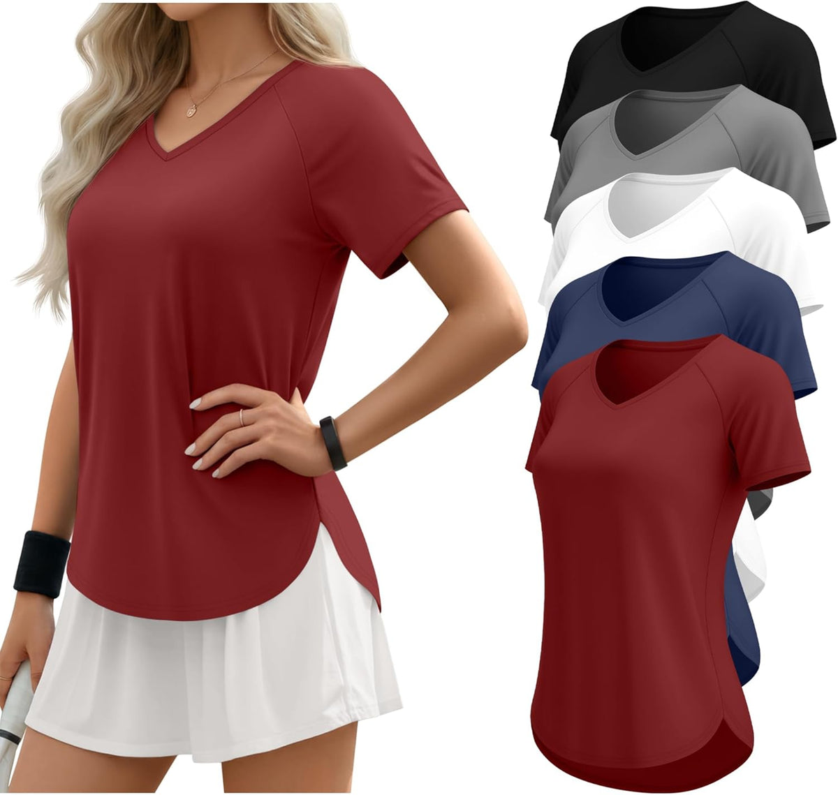 Skiennix Women’s Quick Dry Workout T-Shirts - UPF 50+ Sun Protection | V-Neck, Side Slits, Curved Hem (5 Pack)