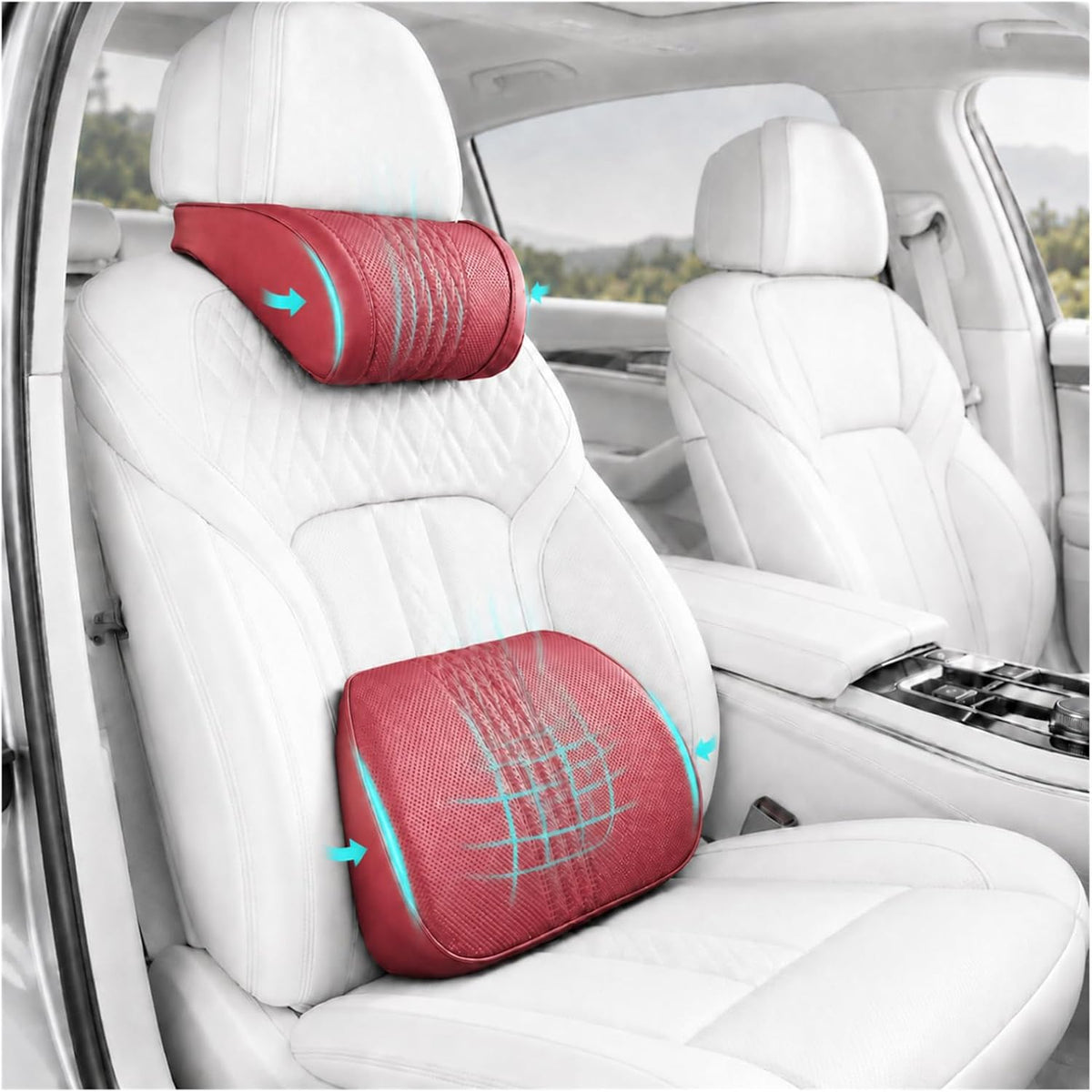 Universal Memory Foam Car Headrest Neck Pillow and Lumbar Support Pillow Set Ergonomic 2 Piece Car Seat Back Cushion with Breathable PU Leather Adjustable Straps for Driving SUVs Trucks，Red