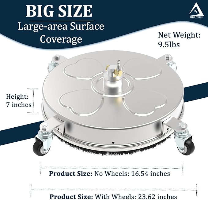 Pressure Washer Accessories Surface Cleaner Attachment 16.5" – Concrete Driveway Pressure Washer Surface Cleaner with Wheels, Stainless Steel Rotating Nozzle, ¼” Quick‑Connect, Up to 4000 PSI