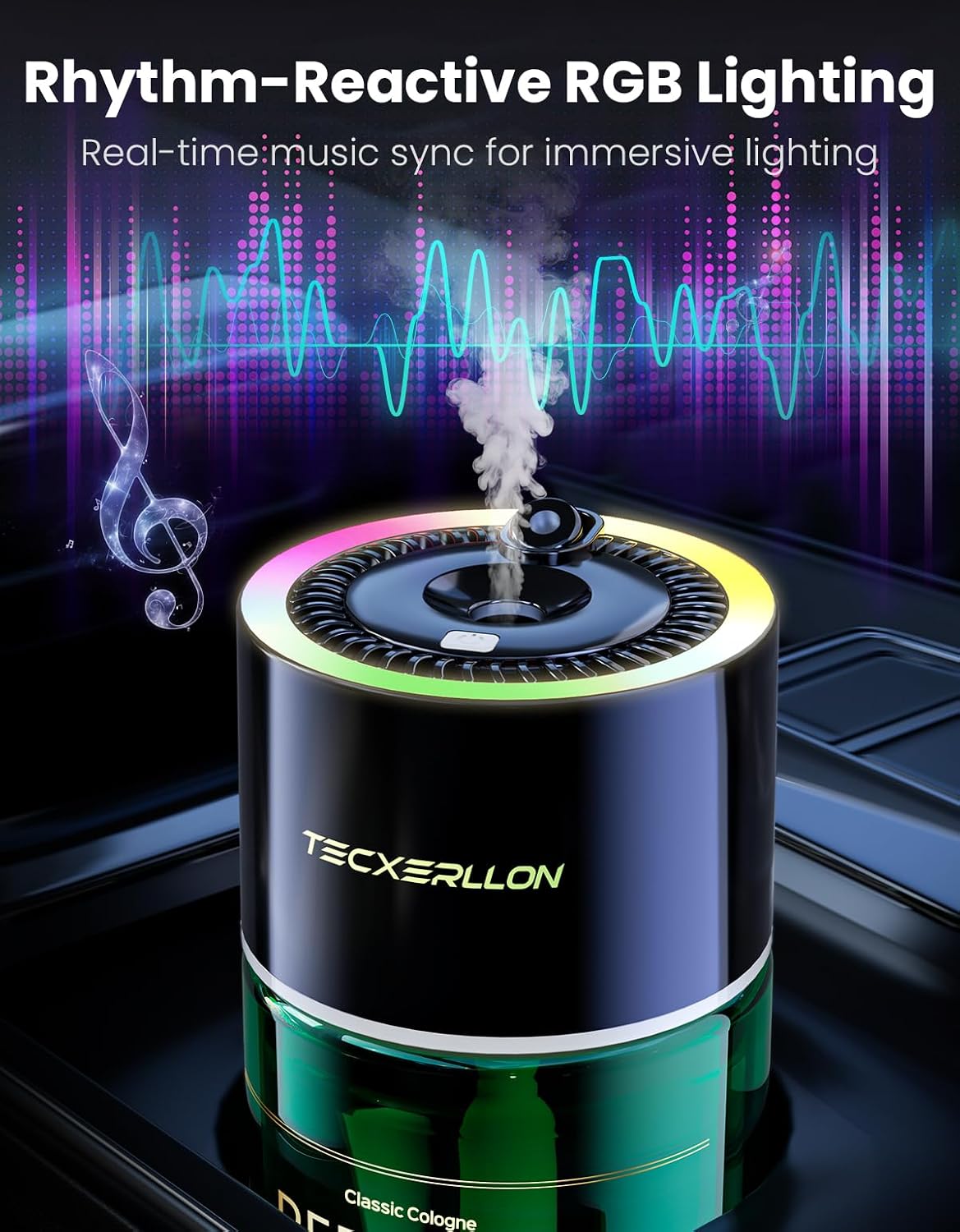 TECXERLLON Smart Car Air Freshener Diffuser with Star Light, 120ml Perfume, Long Lasting, Auto On/Off, 4 Mist Modes, Rechargeable Car Aroma Diffuser Aromatizante Para Carro for Home, Office-Cologne