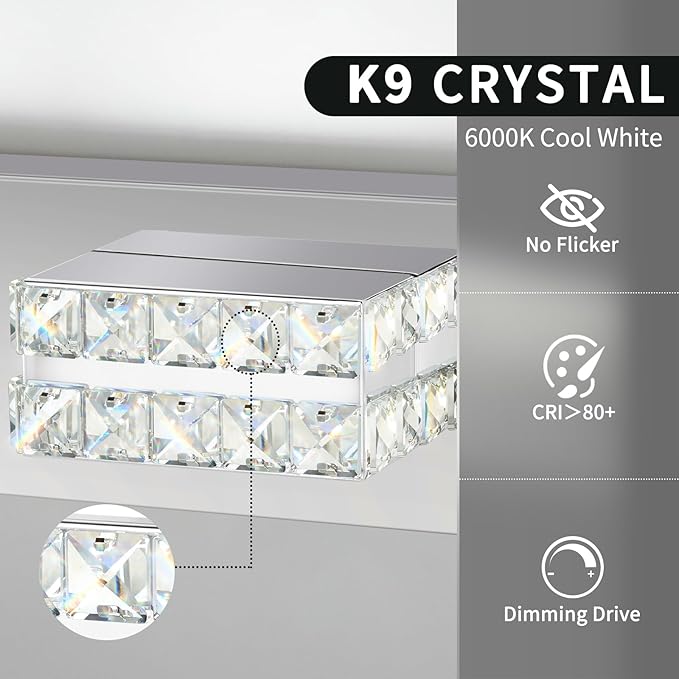 OKELI Bathroom Crystal Vanity Light Fixtures, Modern LED Vanity Light for Bathroom, 3 Lights Crystal Mirror Front Lamp, 6000K Cool White, 18W, Dia 22 Inch ETL Listed