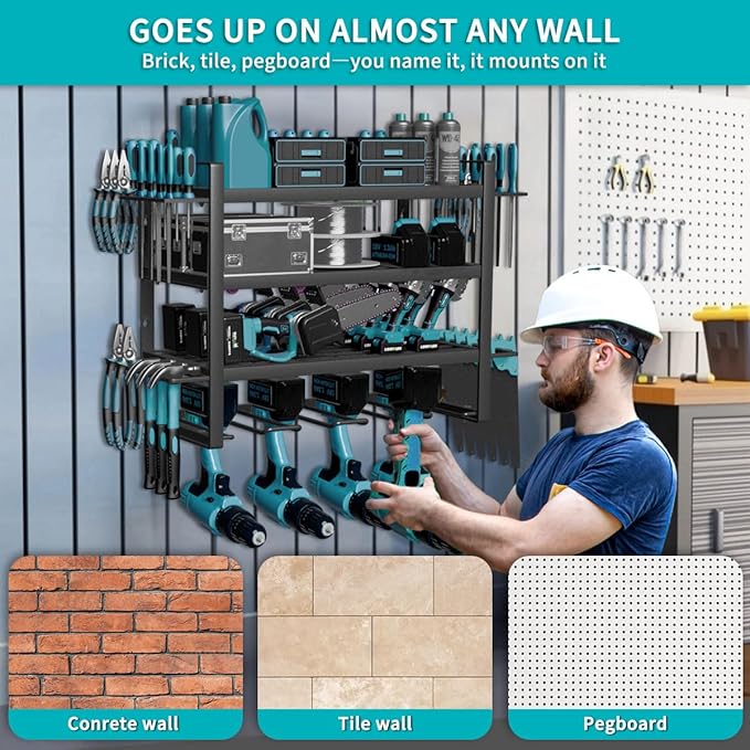 Power Tool Organizer Wall Mount Loads 200lbs, 4 Layers Heavy Duty Tool Organizers and Storage, Cordless Tool Rack with 4 Drills Holder, for Garage Workshop Shed Tool Room Garden