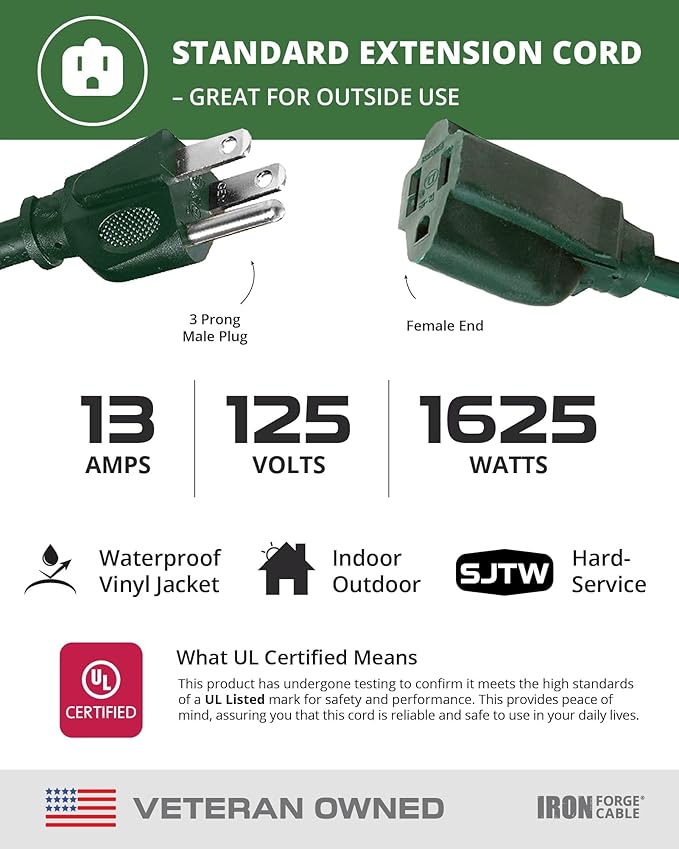 Iron Forge Cable Weatherproof Outdoor Extension Cord 3 Pack, 10 ft, 15 ft, and 25 ft - 16/3 SJTW 13 Amp Heavy Duty Green Extension Cord 3 Prong
