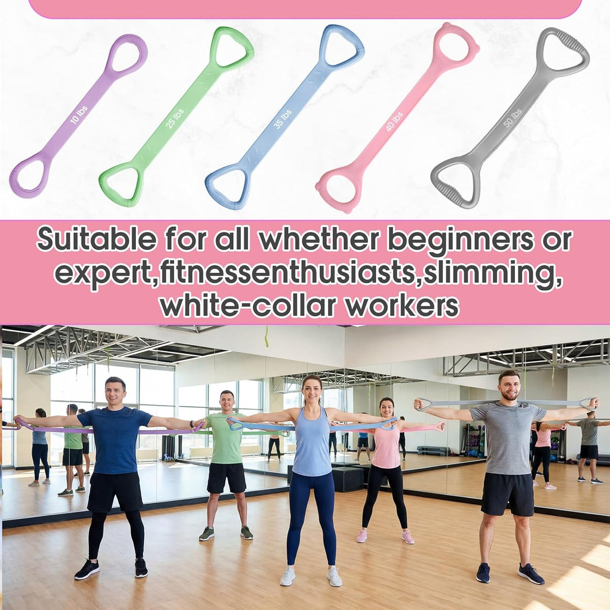 Soulchen Figure 8 Fitness Resistance Bands - 5 Pack (10-50 Lbs) for Yoga, Pilates, and Strength Training