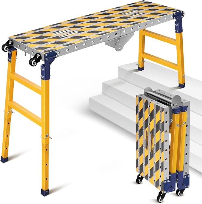 Work Bench+Step Ladder 2 in 1 with 1102 LBS Load Capacity, Versatile Portable Steel Folding Welding Table with Height 23 to 35 inches Adjustable Folding Portable Platform with Non-Slip Mat