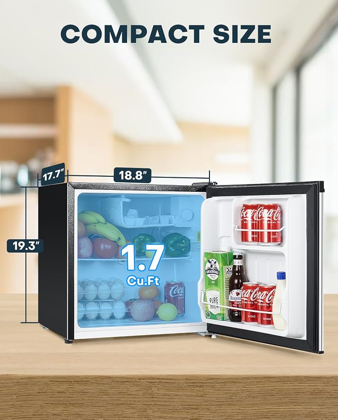 Upstreman 1.7 Cu.ft Mini Fridge with Freezer, Stainless Steel-FR17 | Dorm Essentials, Adjustable Thermostat, Energy Saving, Low Noise, Compact Refrigerator for Dorm, Office, Bedroom