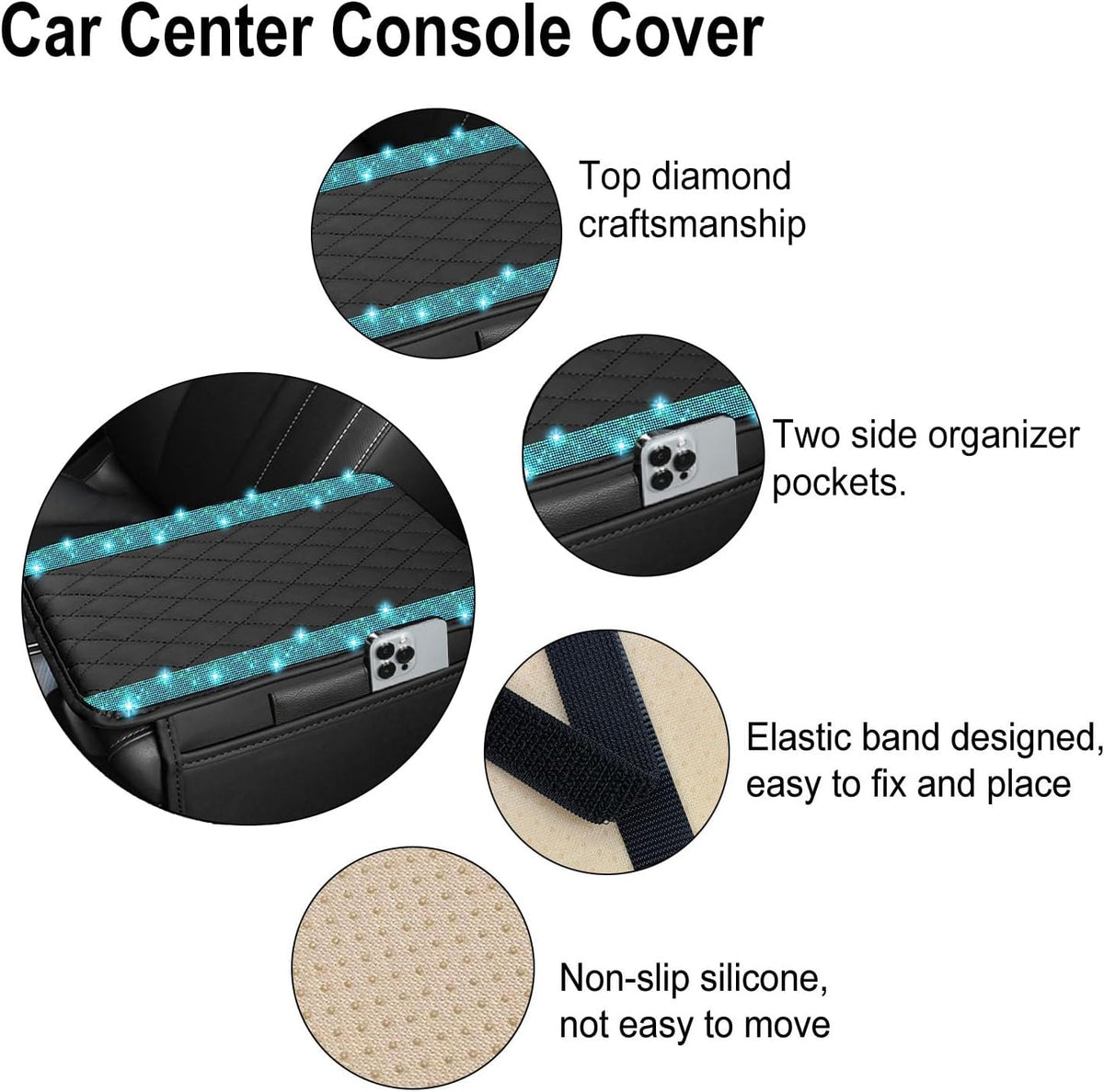 NBTEPEM Bling Car Center Console Cover, Leather Car Arm Rest Cover Cushion with 2 Storage Bags, Middle Console Cover Universal Armrest Protector Pads, Bling Accessories for Most Vehicles (Aquamarine)