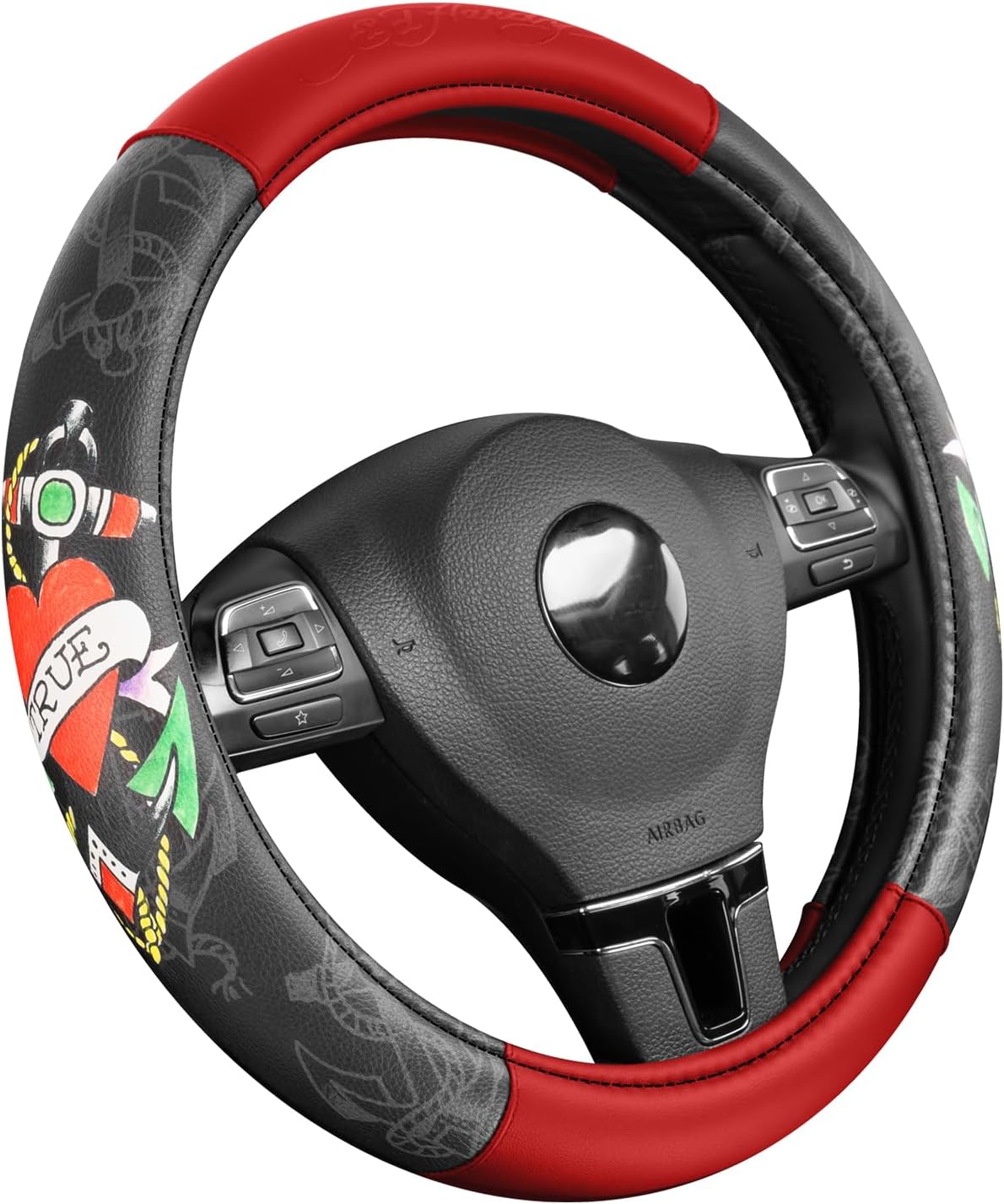 ED HARDY Heart Print Steering Wheel Cover, Red Leather Universal Car Streeing Cover, Fits 14.5-15.5 Inch Steering Wheels, Anti-Slip Comfortable Grip, Durable Auto Interior for Cars, SUVs, Trucks