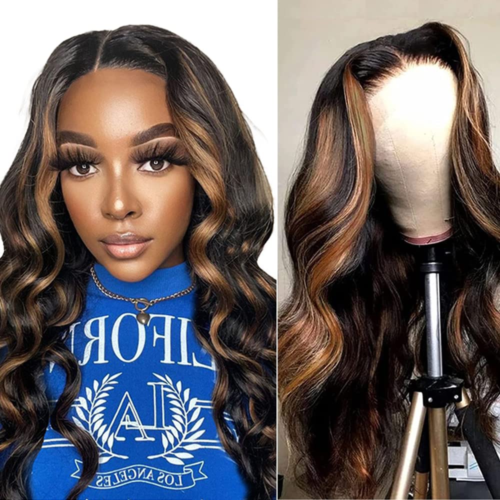 Idhere Highlight Lace Front Wigs Human Hair 16Inch Body Wave Ombre Honey Blonde Human Hair Wigs For Women 13X4 Transparent Lace
