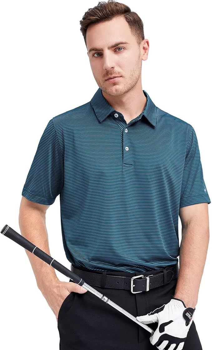 Mens Golf Shirt Moisture Wicking Dry Fit Performance Sport Short Sleeve Striped Golf Polo Shirts for Men