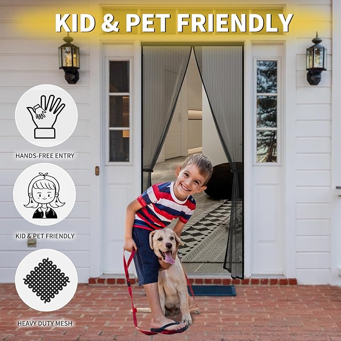 Magnetic Screen Door- Fit for Door Size:36x80 Inch, Screen Itself Size:38"x82", Hands Free Mesh Partition,Heavy Duty Screen Door Mesh Curtain Keeps Bugs Out, Frame Hook & Loop, Pet and Kid Friendly