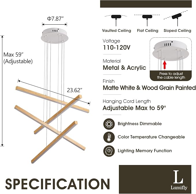 Linear Pendant Light for Dining Room Oak Wood Grain Finish LED 4 Light