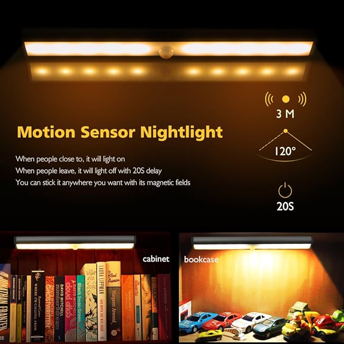 Stick On Cabinet Light,Under Counter Lighting, Motion Sensor, 10 LED Wireless USB Rechargeable Kitchen Battery Operated for Wardrobe,Closets,Cupboard,Warm White-2Pack