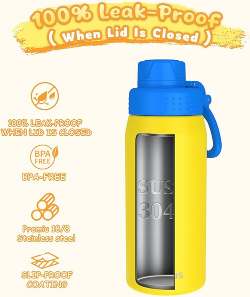 GOPPUS Kids Water Bottle - 19oz Stainless Steel Insulated, Leakproof, BPA Free - Yellow for School