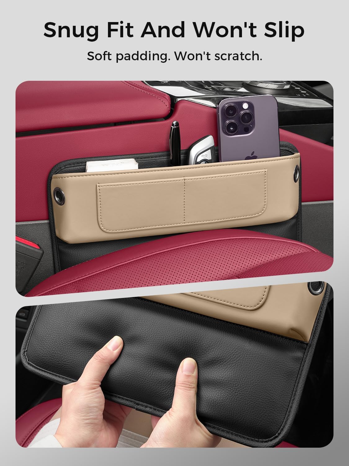 Car Seat Gap Filler Organizer – Phone Holder, Key,Card,Coin Slot, Premium Nappa Style Microfiber Leather (Beige)