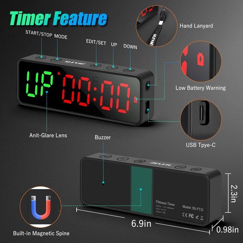 Gym Timer Clock by [Brand Name] - Magnetic Stopwatch with Large LED Display | Ideal for Home Gym & Schools (Matte Black)