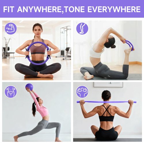 Home Pilates Essentials Kit for Women, Pilates Equipment Ring and Ball Set, 12'' Magic Circle, Yoga Ball,8 Resistance Bands Premium Accessories Kits for Starter Toning Workouts at Home (Purple)