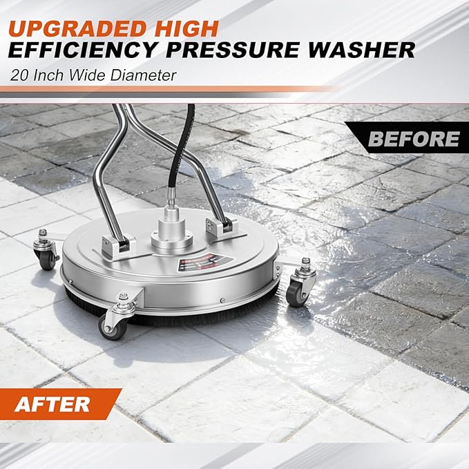 20" Pressure Washer Surface Cleaner, 4500PSI Stainless Steel Surface Cleaner for Pressure Washer with 4 Wheels, Power Washer Surface Cleaner for Concrete, Patio, Sidewalk, Deck and Driveways