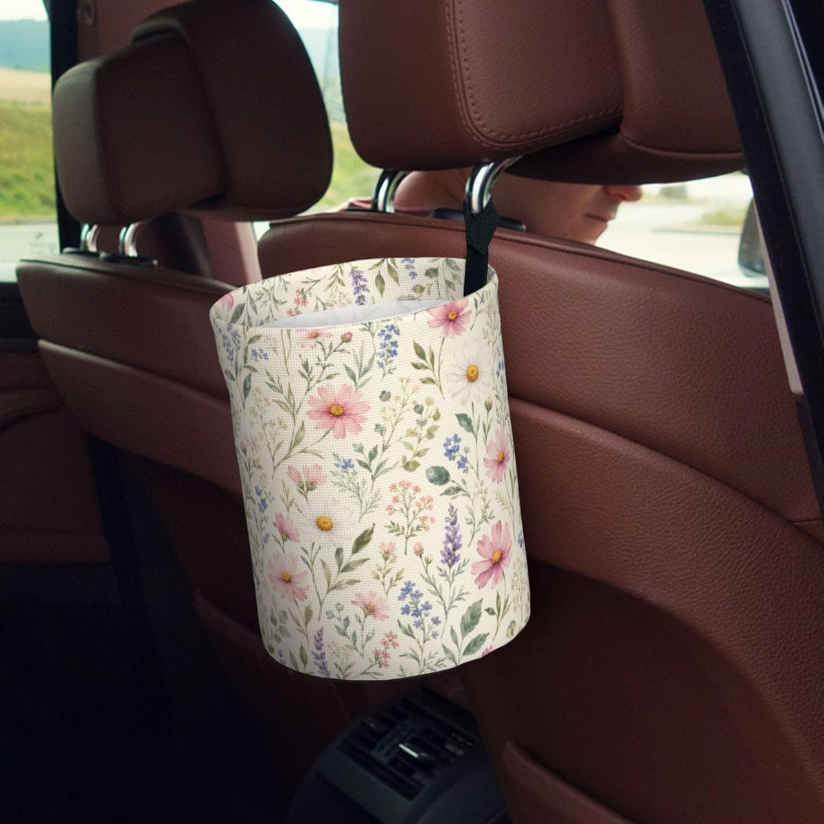 Watercolor Daisy Floral Car Trash Can,Waterproof Hanging Car Garbage Bag for Headrest & Console,Adjustable Collapsible Vehicle Waste Basket with Magic Tape,Car Decor Travelling,Camping,Outdoor