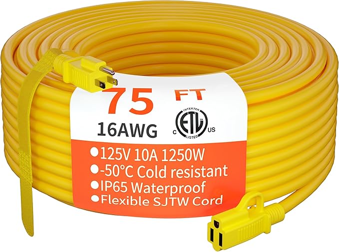 HUANCHAIN Outdoor Extension Cord 75 Foot Waterproof, 16/3 Gauge Flexible Cold-Resistant Appliance Extension Cable Outside, 10A 1250W 16AWG SJTW, 3 Prong Electric Cord Yellow, ETL
