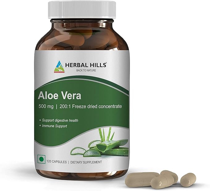 HERBAL HILLS Senna Capsules 120 & Aloe Vera Capsules 120 Count for Healthy Digestion and Detoxification Combo (Pack of 2) 240 Count