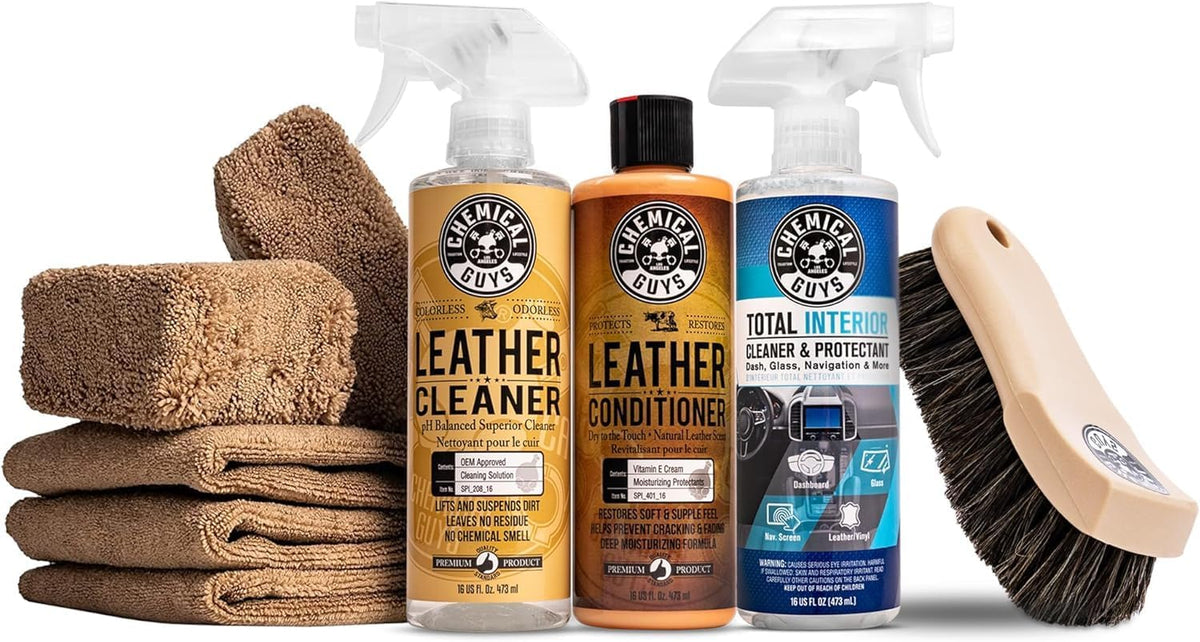 Chemical Guys Complete Leather and Total Interior Kit for Cars, 9 Piece | Conditioner and cleaner for cars, furniture, office seating, and luxury vehicle owners, safe on natural, synthetic, and faux