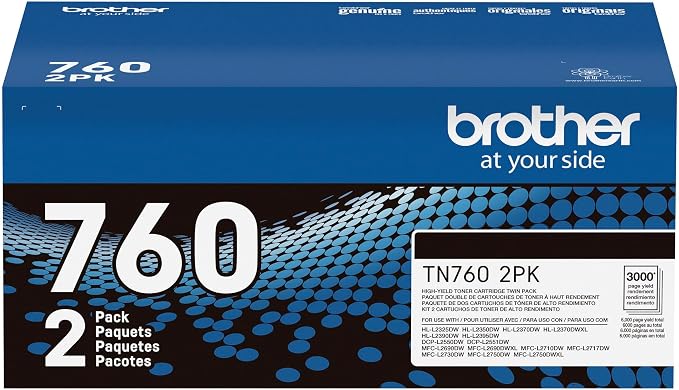 Brother Genuine High-Yield Black Toner Cartridge Twin Pack TN760 2Pk, 2 Pack
