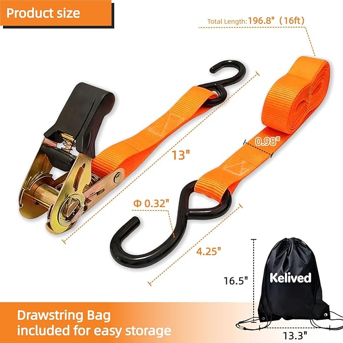 8PK Ratchet Tie Down Straps - 1in x 16feet, 880LBS Working Load & 1760LBS Break Strength, Wear-Resistant Webbing with Non-Slip Rubber Handle, S-Hooks & Storage Bag