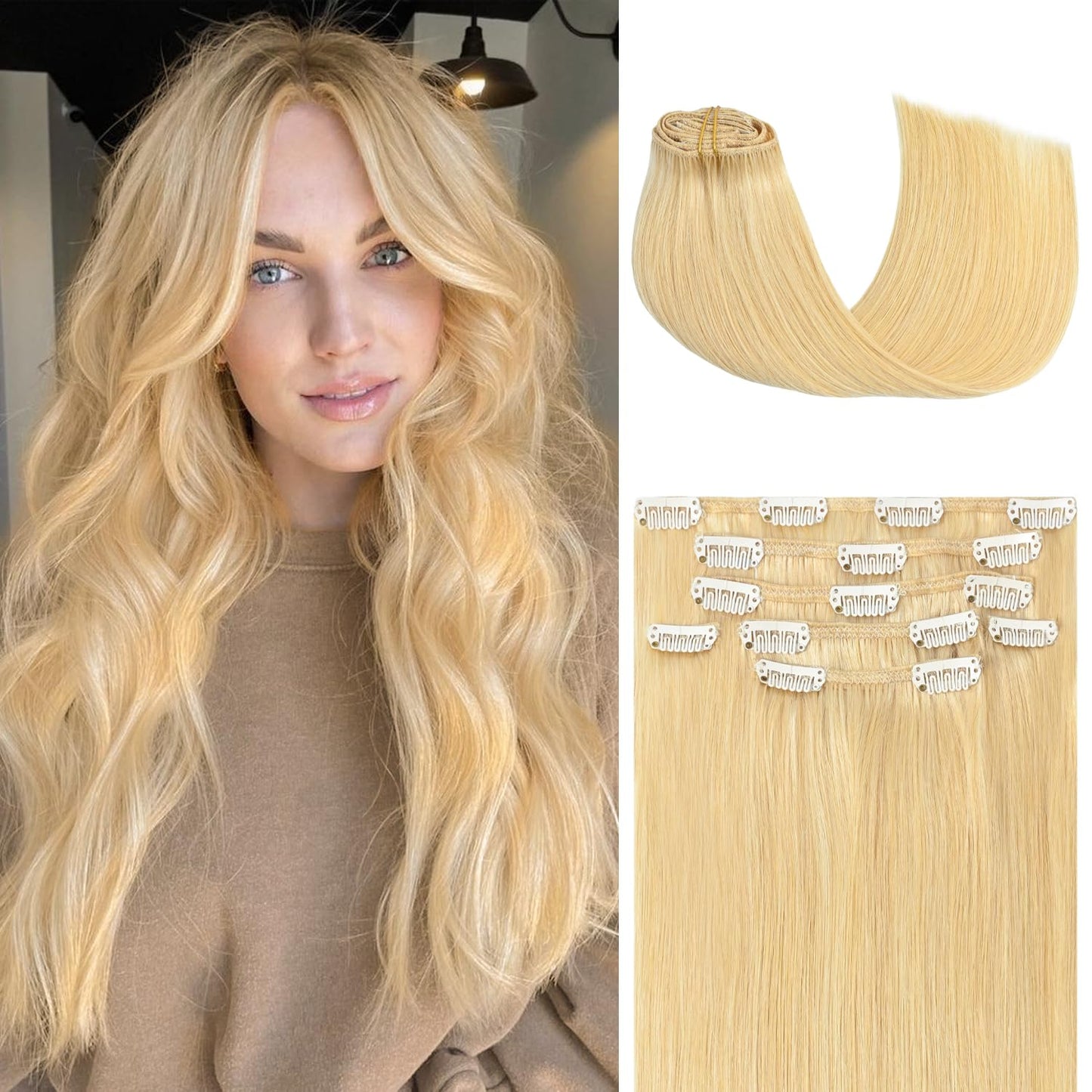 Honsoo Clip On Real Human Hair Extensions 70G Bleach Blonde 7Pcs 15In Silky Straight Hair Double Weft No Shedding For Full Head