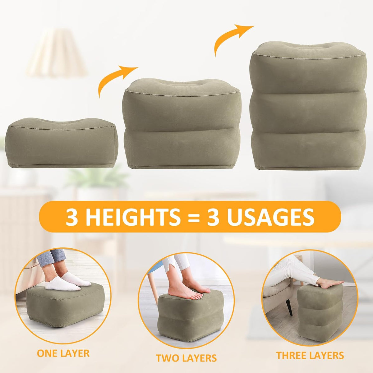 Inflatable Foot Rest Pillow for Travel - Adjustable Height Flight Foot Rest with Eye Mask and Earplugs for Kids & Adults on Airplane, Car, Train, Office, and Home (Gray, 1 PCS)