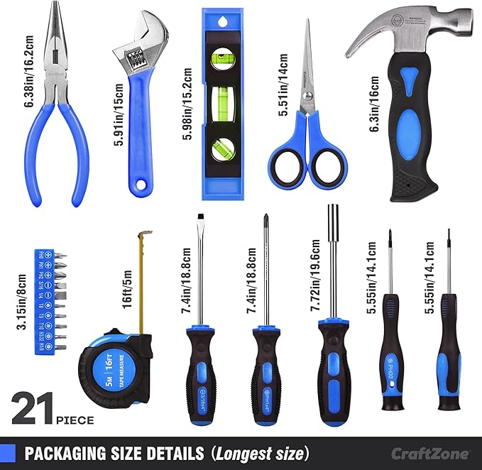 21-Piece Basic Household Hand Tool Kit,Home Repair Tool Set Bag for Dorm/Office/DIY/Desk/Apartment(Blue)