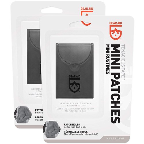 GEAR AID Tenacious Tape Mini Patches with Peel-and-Stick Adhesive to Fix Holes and Tears in Winter Gear, Down Puffer Jackets, Sleeping Bags, Tents, and Rain Gear, Black and Clear, 2 Pack