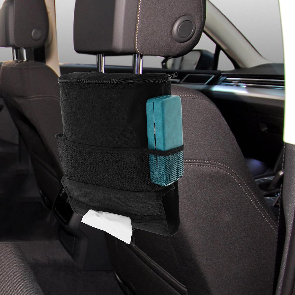 Car Seat Back Organizer with Insulated Reusable Ice Bag, Hanging Storage Pouch for Snacks and Travel Essentials, Multipocket Car Trunk Organizer for Road Trips and Family Travel