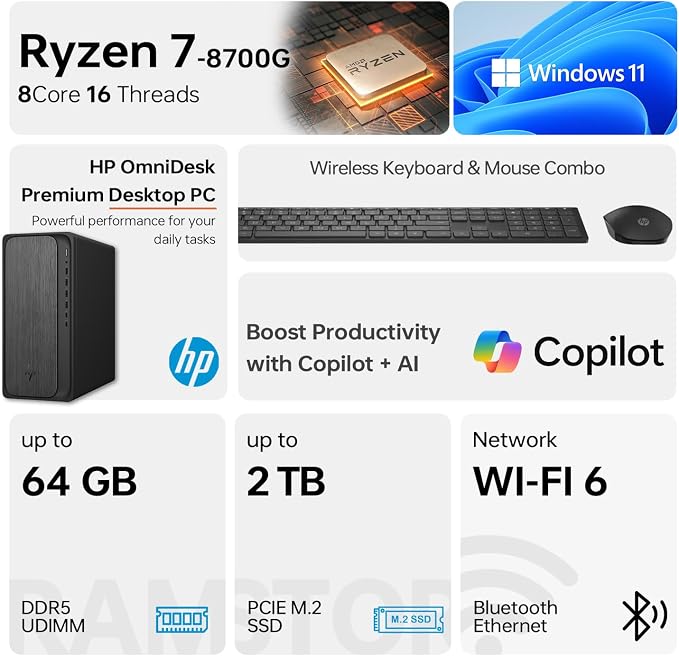 HP OmniDesk M02 Tower Desktop for Professionals, AMD Ryzen 7 8700G Performance for Productivity & Multitasking, 16GB DDR5 RAM, 512GB SSD, W11P, Wireless KB & M, Bundle with ADATA 64GB USB Flash Drive