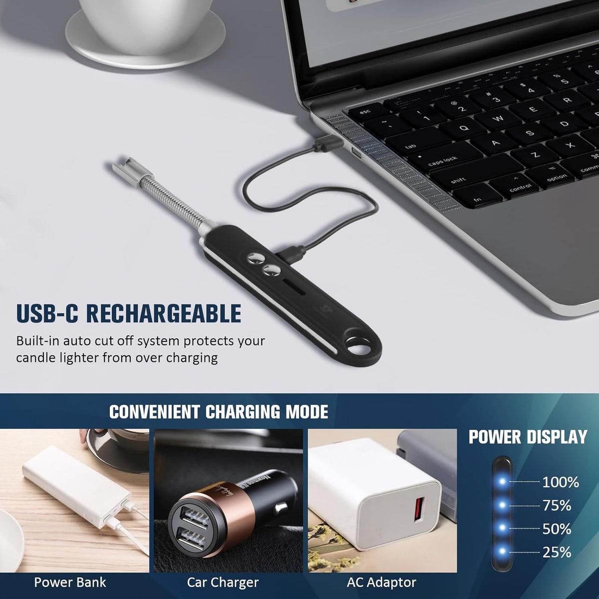 Skiennix Flameless Plasma Arc Electric Lighter - USB-C Rechargeable with Long Flexible Neck | Black