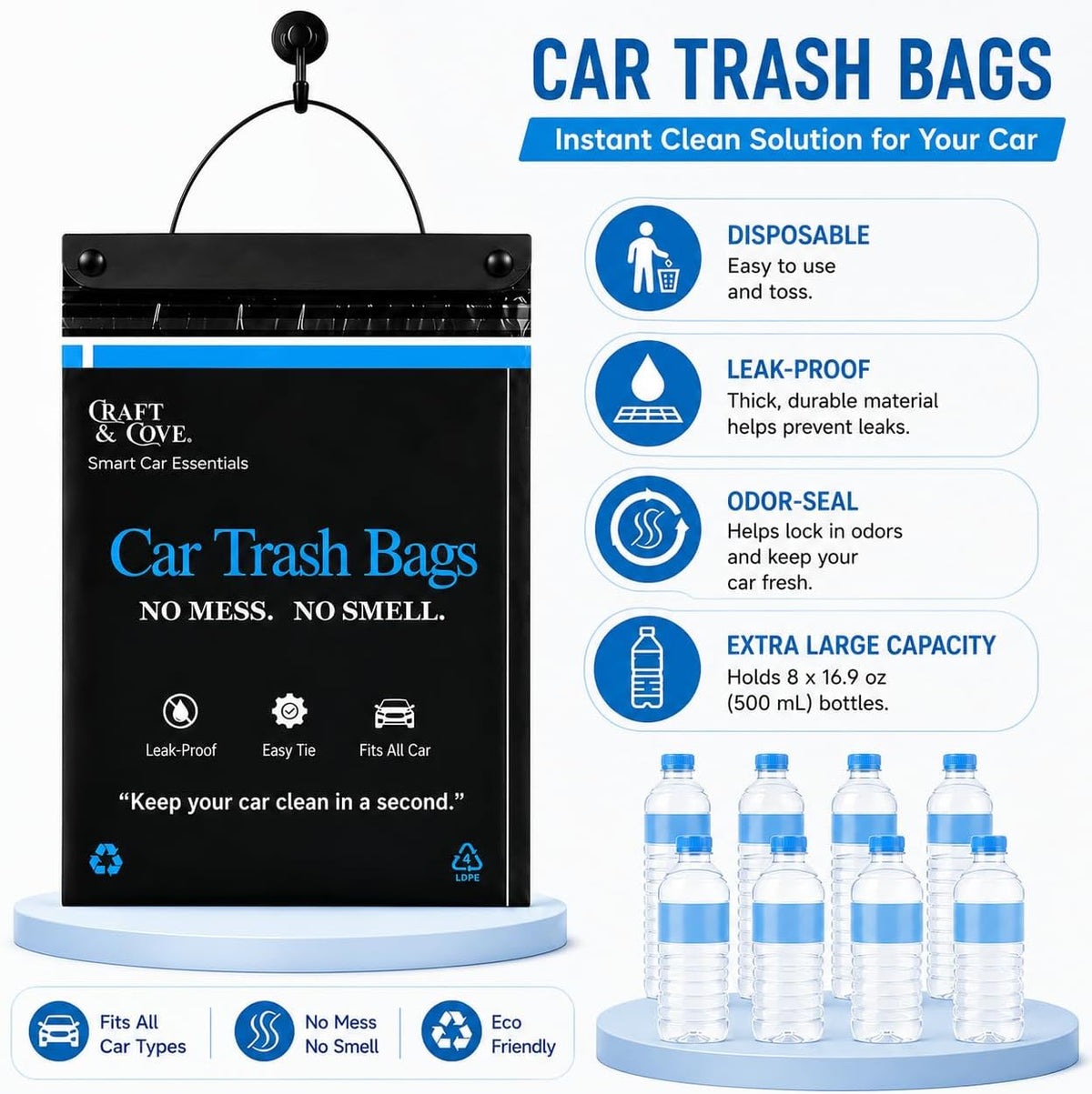 Car Trash Bags, Disposable Hanging & Stick-On Garbage Bags for Cars, SUV