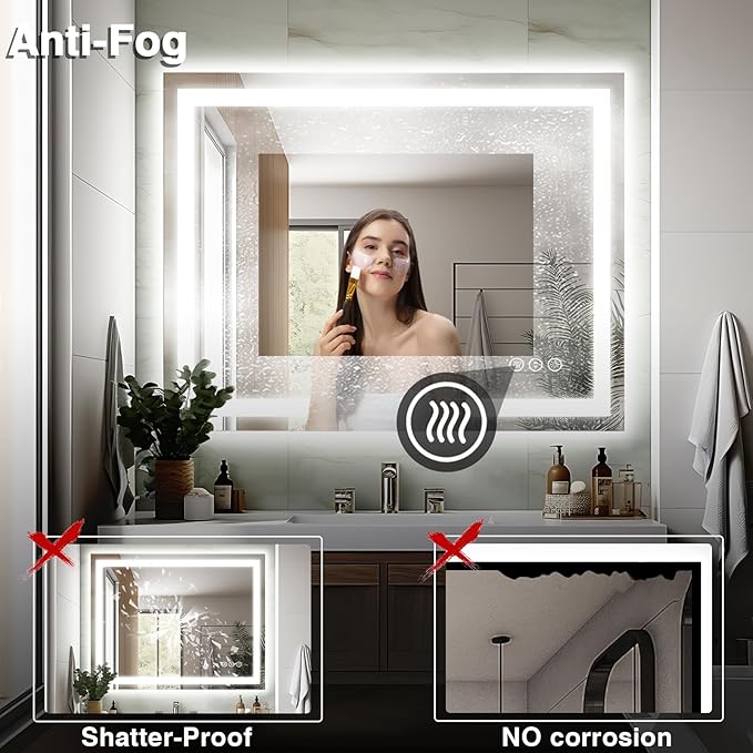 40"x32" LED Bathroom Mirrors for Wall, Front and Backlit Mirror, Anti-Fog Vanity Mirror with Lights, Stepless 3 Colors Dimmable Lighted Mirror(Horizontal/Vertical)