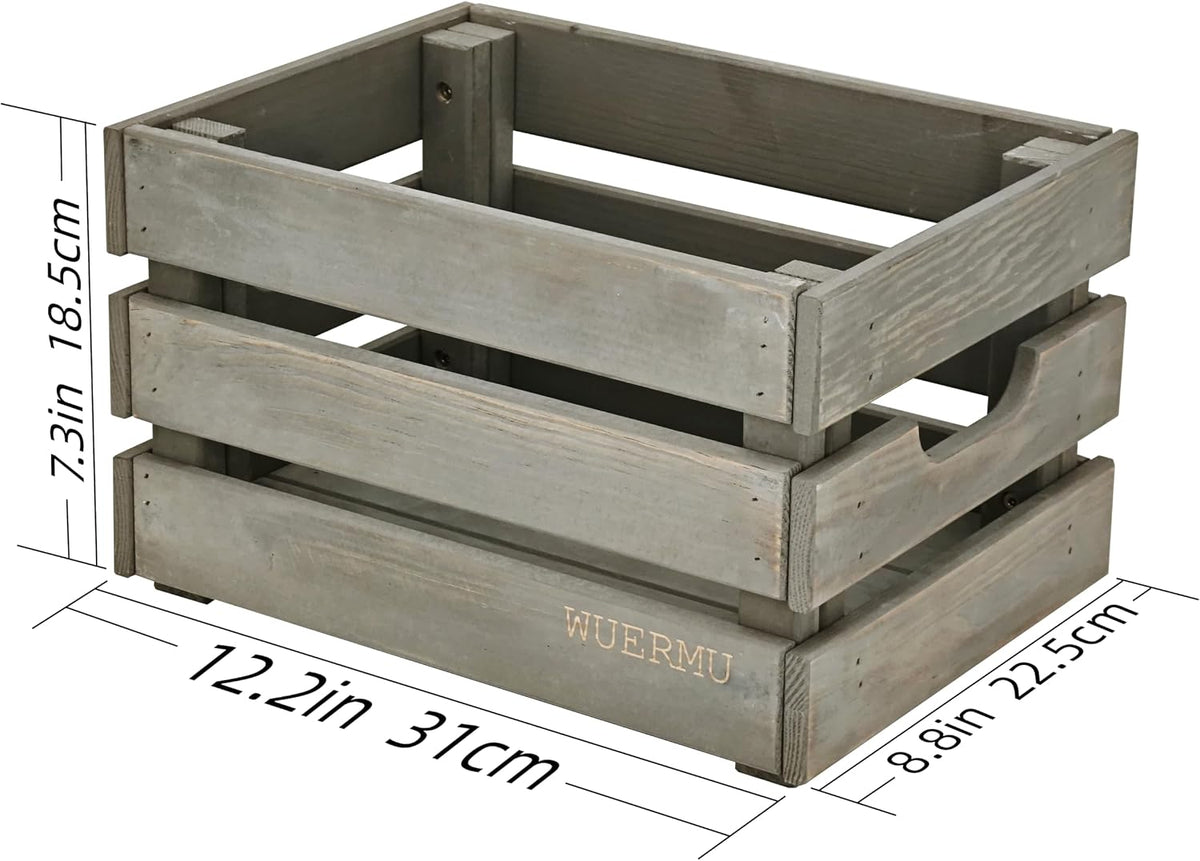 Gray Wooden Crates, Set of 4 Rustic Storage Boxes for Home Organization, Tool Box, Wine Carrier, and Camping Supplies, 12.2 Inches.