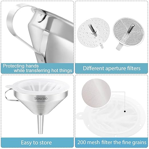 Toncoo 3 Pack Stainless Steel Funnels for Kitchen Use, Food Grade Cooking Funnel with 3 Strainer, Kitchen Funnel Set Metal Funnels for Filling Bottles